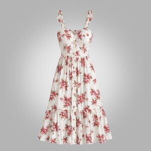 Floral Button Front Midi Dress Size S White Red